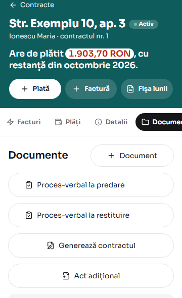 Fila „Documente” a unui contract: butoanele „Proces-verbal la predare”, „Proces-verbal la restituire”, „Generează contractul” și „Act adițional”, apoi dosarul contractului.