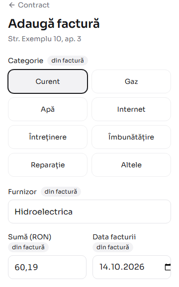Formularul „Adaugă factură” după alegerea unui PDF Hidroelectrica: categoria Curent, furnizorul, suma 60,19 și data facturii sunt completate, fiecare cu eticheta „din factură”.