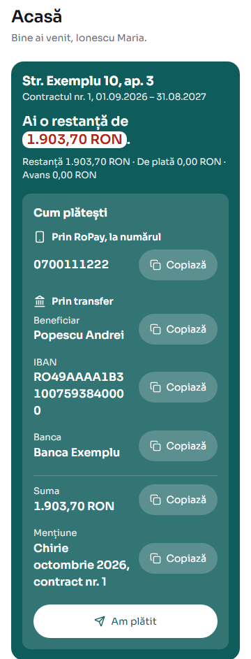 Acasă în portalul chiriașului: cartonașul contractului cu restanța, apoi blocul „Cum plătești”, cu numărul RoPay, beneficiarul, IBAN-ul și butoane „Copiază”.