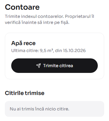 Pagina Contoare din portal: contorul „Apă rece”, cu ultima citire de 9,5 m³, butonul „Trimite citirea” și lista citirilor trimise, încă goală.